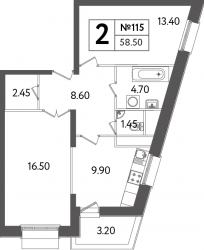 Двухкомнатная квартира 58.5 м²