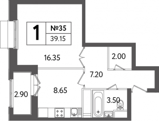 Однокомнатная квартира 39.15 м²