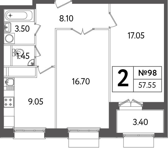 Двухкомнатная квартира 57.55 м²