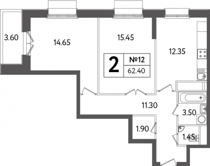 Двухкомнатная квартира 62.4 м²