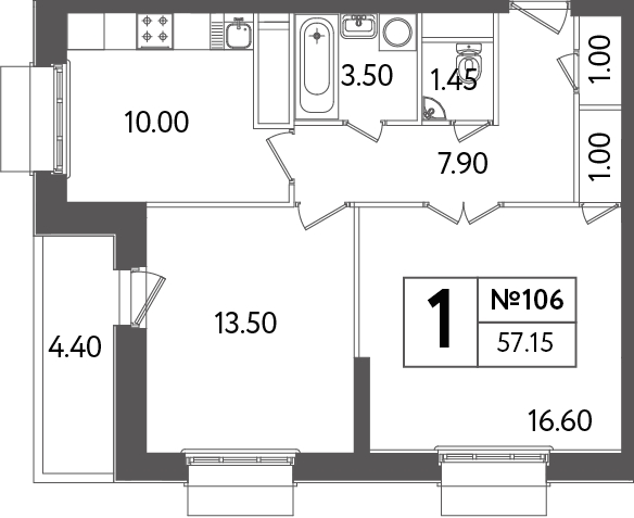 Двухкомнатная квартира 57.15 м²