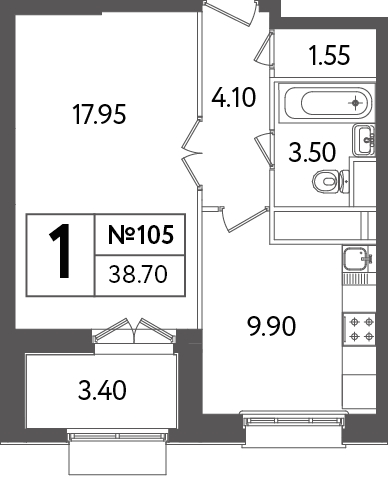 Однокомнатная квартира 38.7 м²