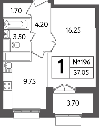 Однокомнатная квартира 37.15 м²